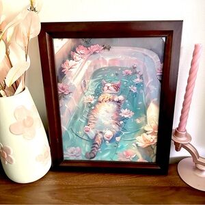 Cat Relaxing in the Bath Tub Pink Floral Canvas Art Print Framed Bathroom Art